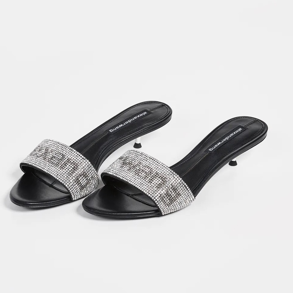 Alexander Wang Black Jo Crystal Logo Slide Silver Sandals Kitten Heel Size 36/ 6
